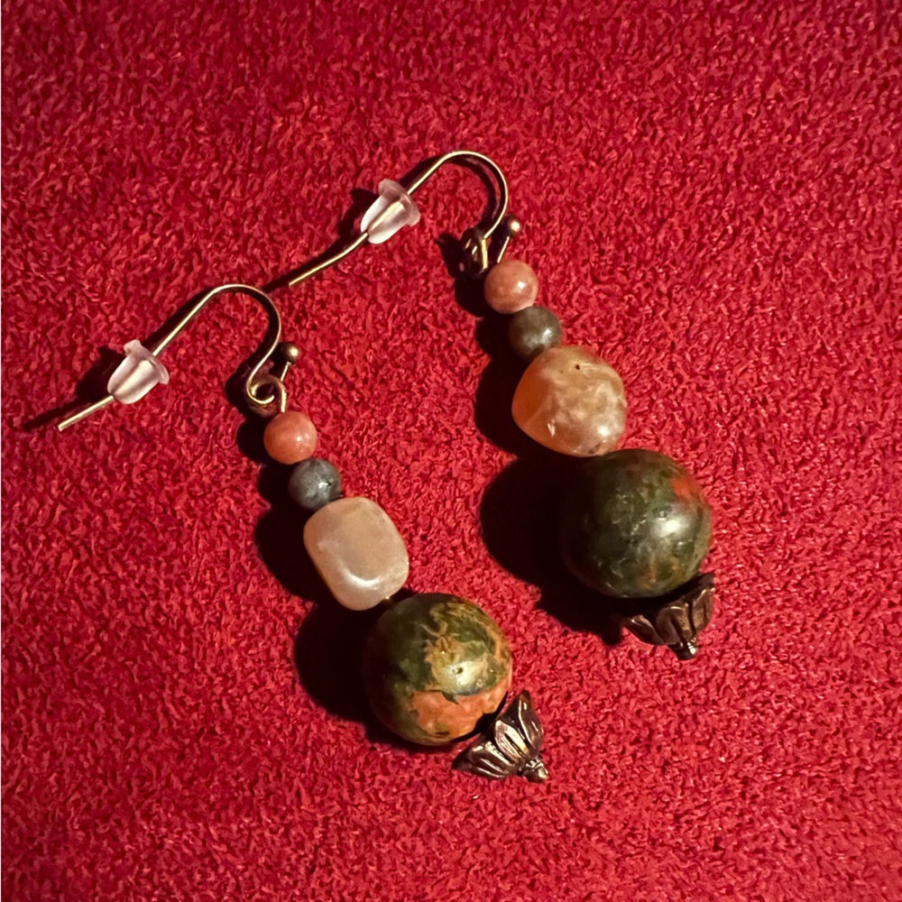 Unakite & peach moonstone earrings antiqued copper dangle handmade